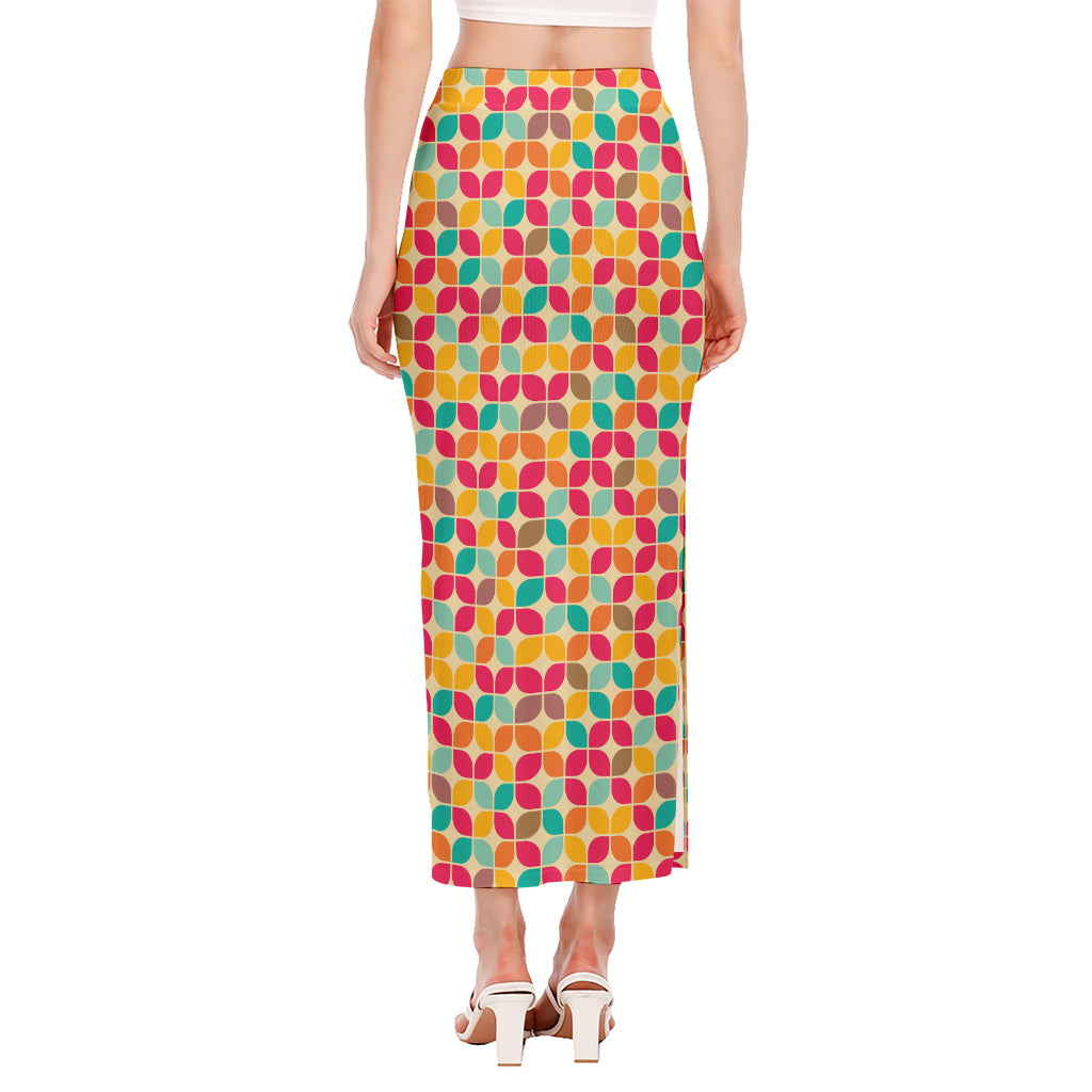 Retro Geometric Rounded Square Print Side Slit Maxi Skirt