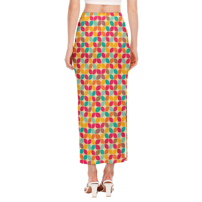 Retro Geometric Rounded Square Print Side Slit Maxi Skirt