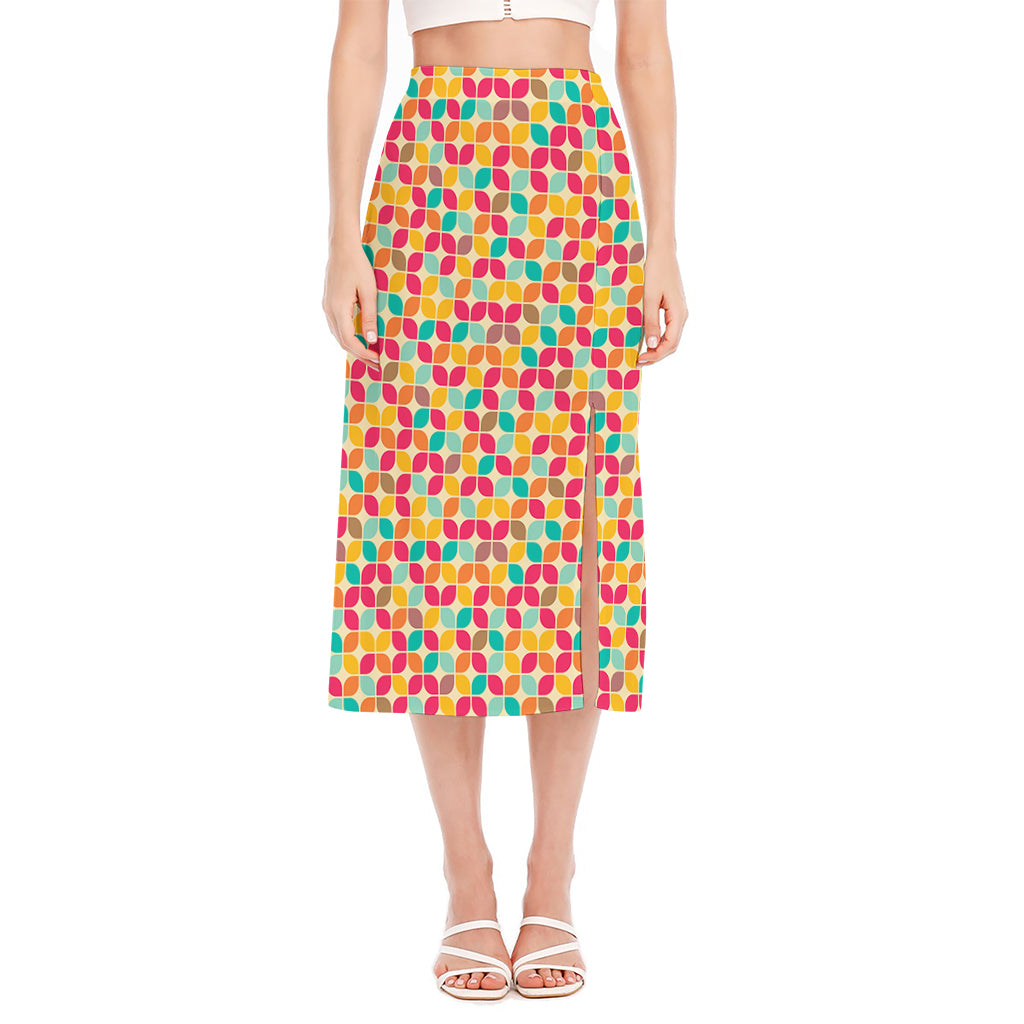 Retro Geometric Rounded Square Print Side Slit Midi Skirt