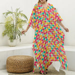 Retro Geometric Rounded Square Print Silk V-Neck Kaftan Dress