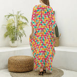 Retro Geometric Rounded Square Print Silk V-Neck Kaftan Dress