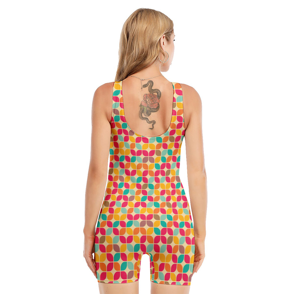 Retro Geometric Rounded Square Print Sleeveless One Piece Swimsuit