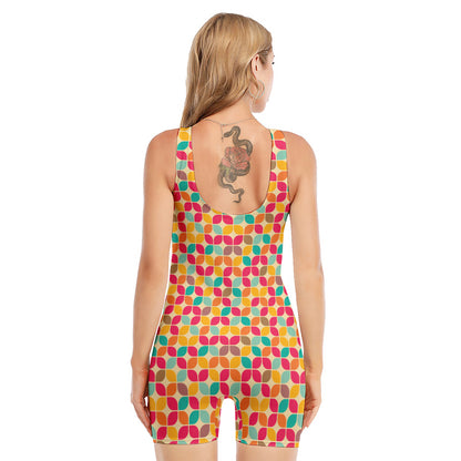 Retro Geometric Rounded Square Print Sleeveless One Piece Swimsuit