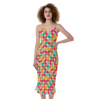 Retro Geometric Rounded Square Print Slim Fit Midi Cami Dress
