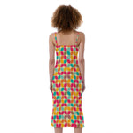 Retro Geometric Rounded Square Print Slim Fit Midi Cami Dress