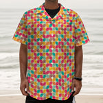 Retro Geometric Rounded Square Print Textured Short Sleeve Shirt