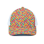 Retro Geometric Rounded Square Print White Mesh Trucker Cap