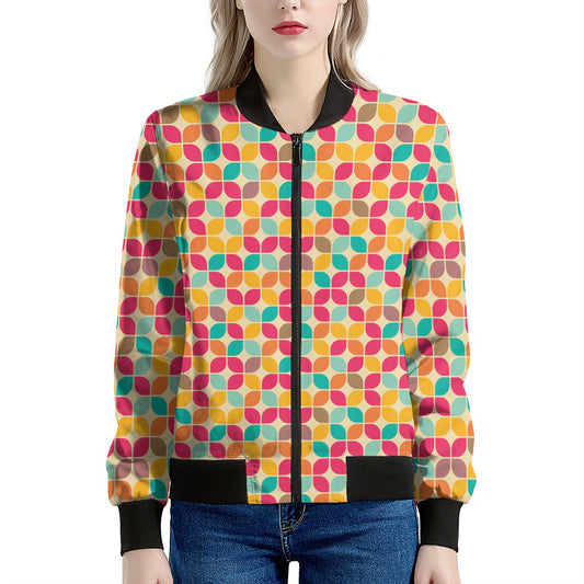 Retro Geometric Rounded Square Print Women's Bomber Jacket