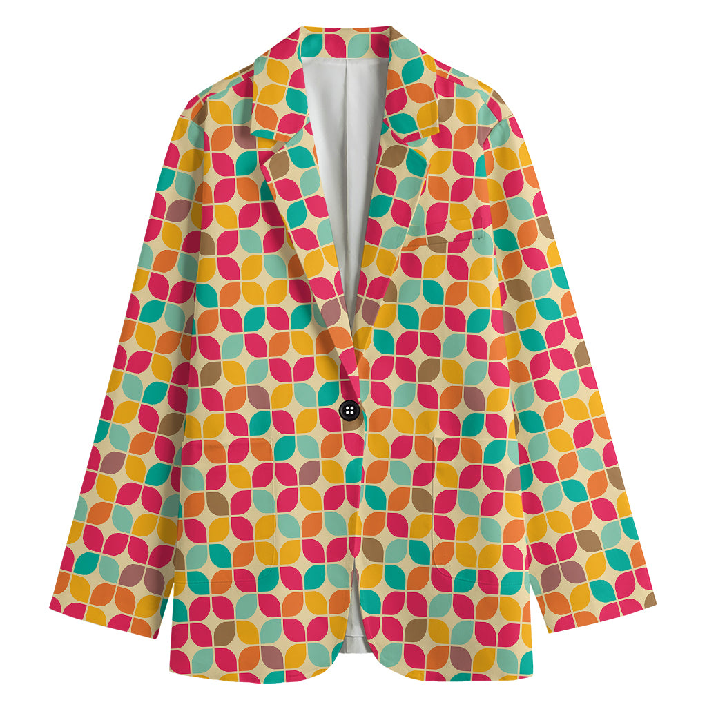 Retro Geometric Rounded Square Print Women's Cotton Blazer