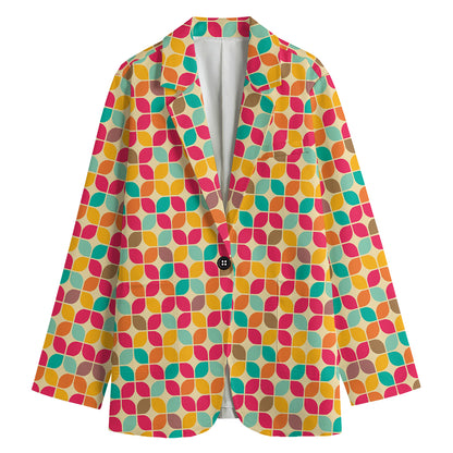 Retro Geometric Rounded Square Print Women's Cotton Blazer