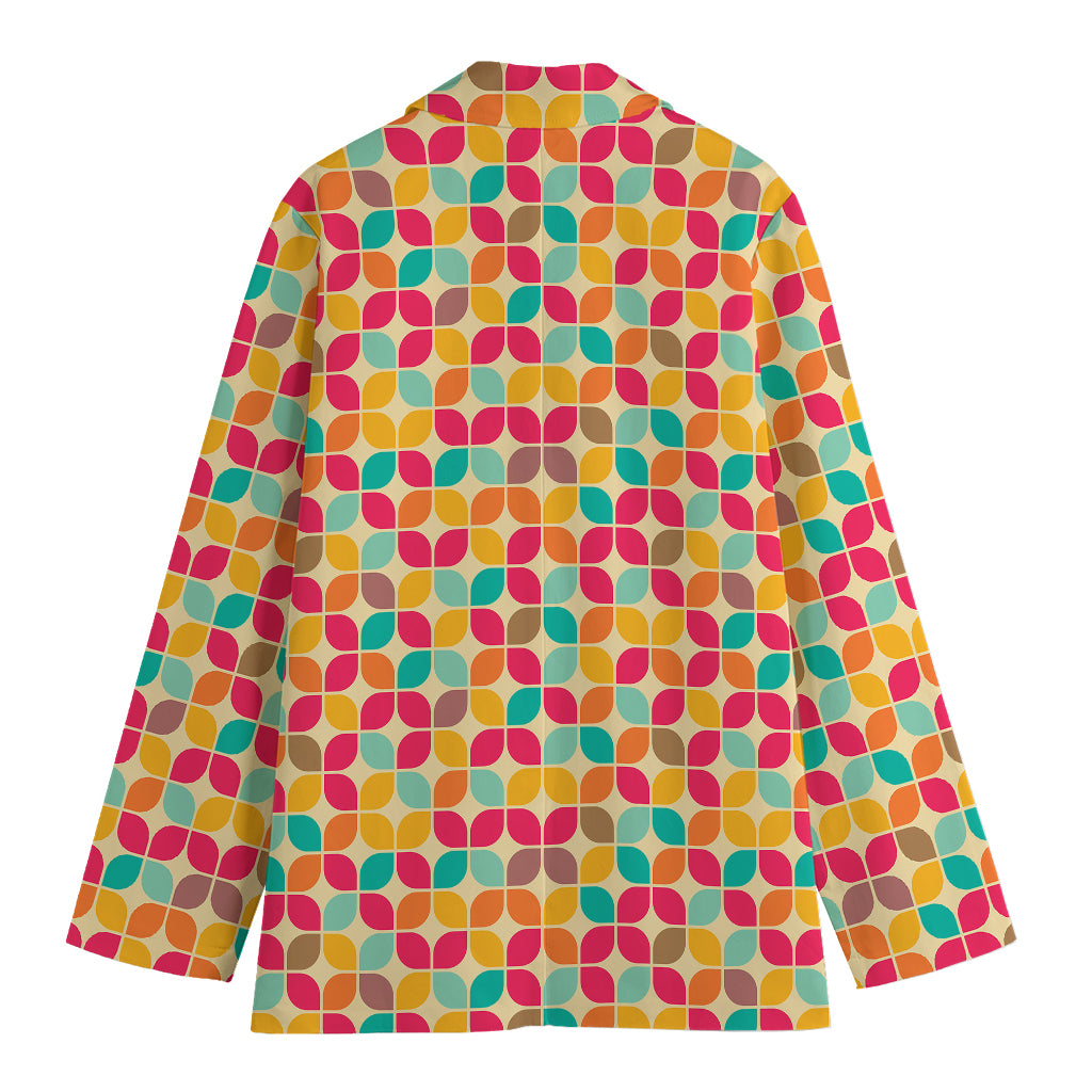 Retro Geometric Rounded Square Print Women's Cotton Blazer