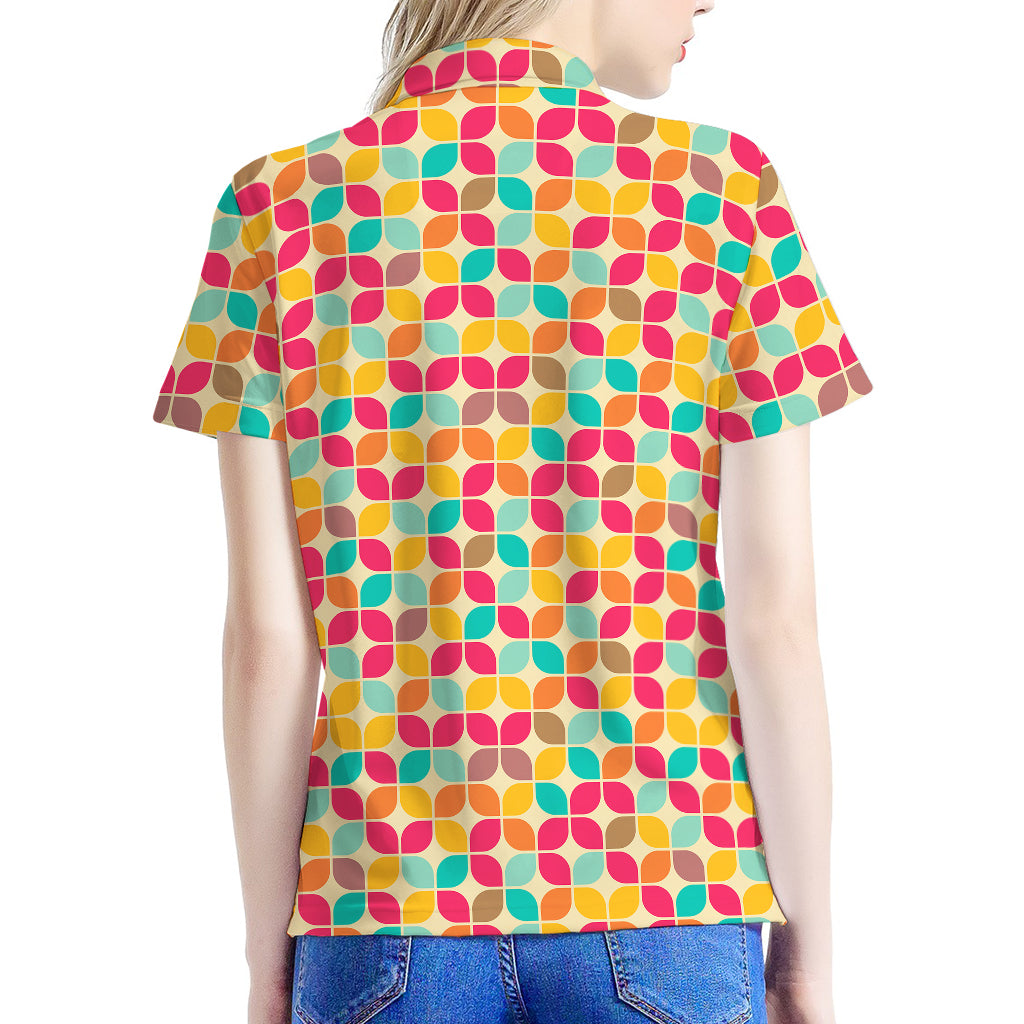 Retro Geometric Rounded Square Print Women's Polo Shirt