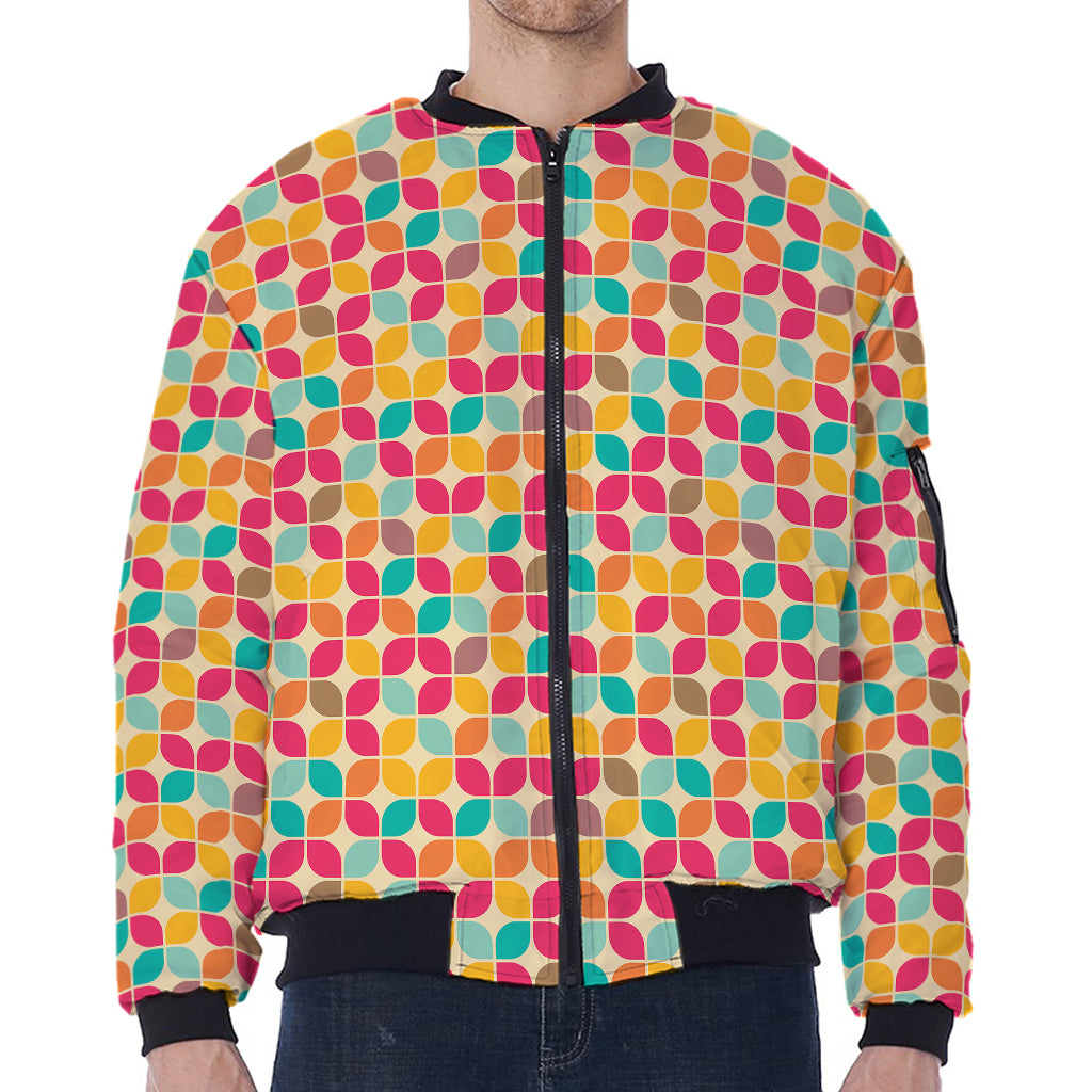 Retro Geometric Rounded Square Print Zip Sleeve Bomber Jacket