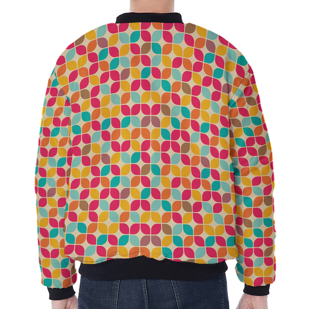 Retro Geometric Rounded Square Print Zip Sleeve Bomber Jacket