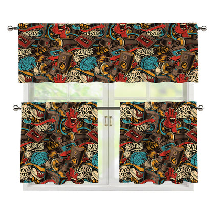 Retro Graffiti Pattern Print 3 Piece Kitchen Curtains