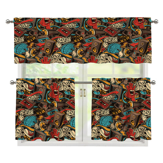 Retro Graffiti Pattern Print 3 Piece Kitchen Curtains
