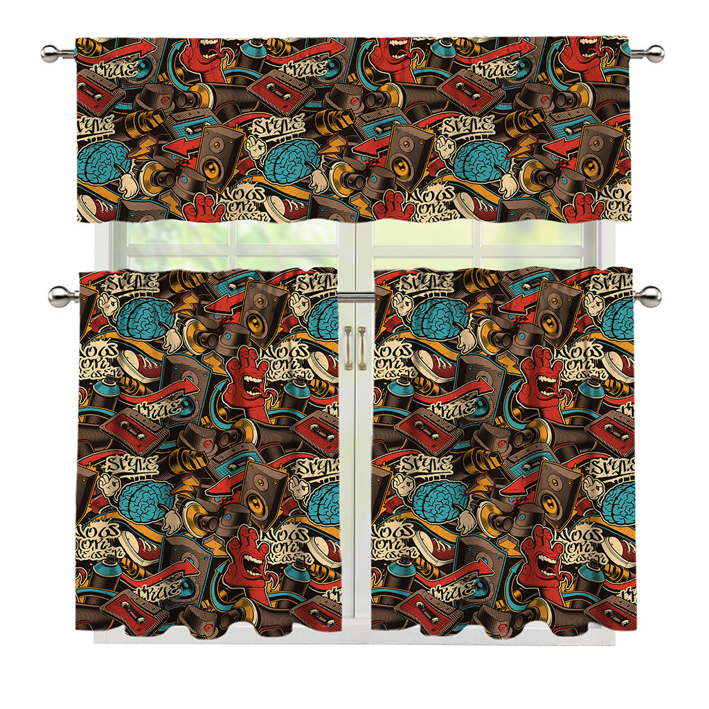 Retro Graffiti Pattern Print 3 Piece Kitchen Curtains