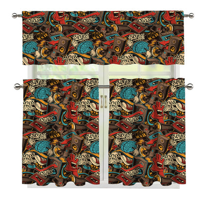 Retro Graffiti Pattern Print 3 Piece Kitchen Curtains