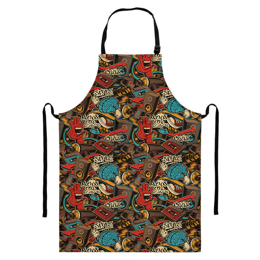 Retro Graffiti Pattern Print Bib Apron With Pocket