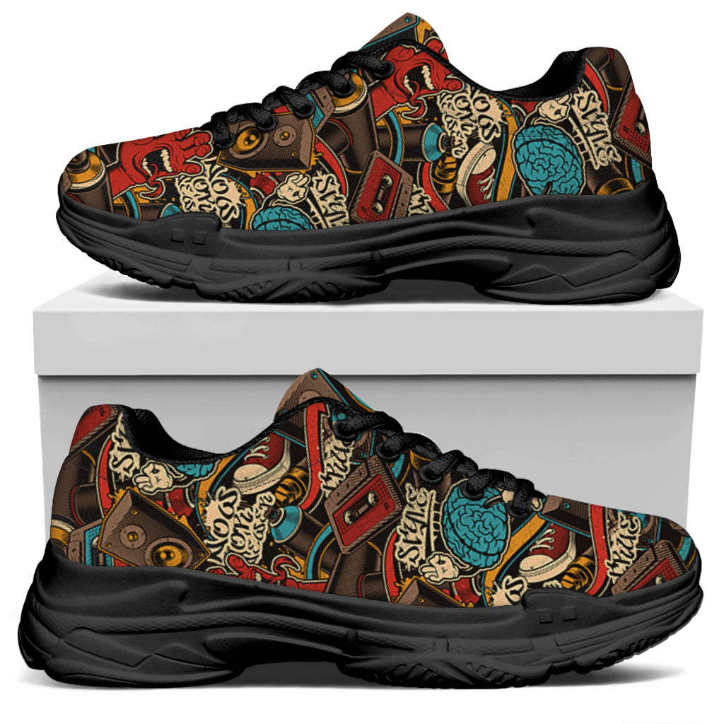 Retro Graffiti Pattern Print Black Chunky Shoes