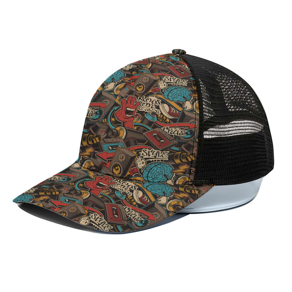 Retro Graffiti Pattern Print Black Mesh Trucker Cap