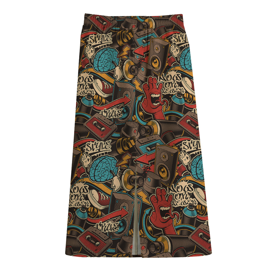 Retro Graffiti Pattern Print Cotton Front Slit Maxi Skirt