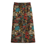 Retro Graffiti Pattern Print Cotton Front Slit Maxi Skirt