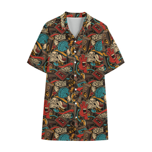 Retro Graffiti Pattern Print Cotton Hawaiian Shirt