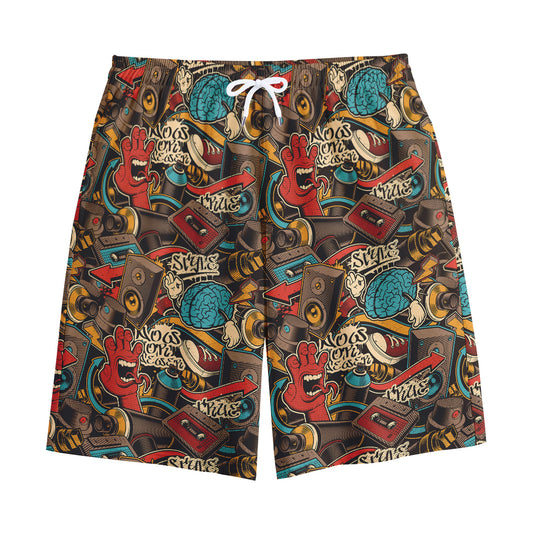 Retro Graffiti Pattern Print Cotton Shorts