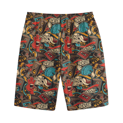 Retro Graffiti Pattern Print Cotton Shorts