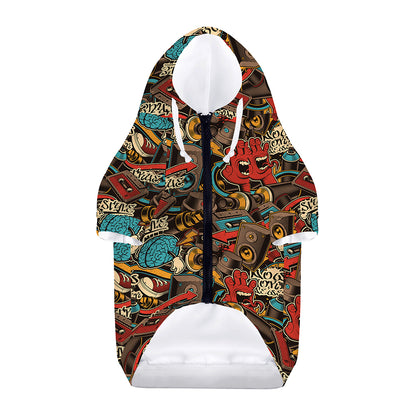 Retro Graffiti Pattern Print Dog Zip Up Hoodie