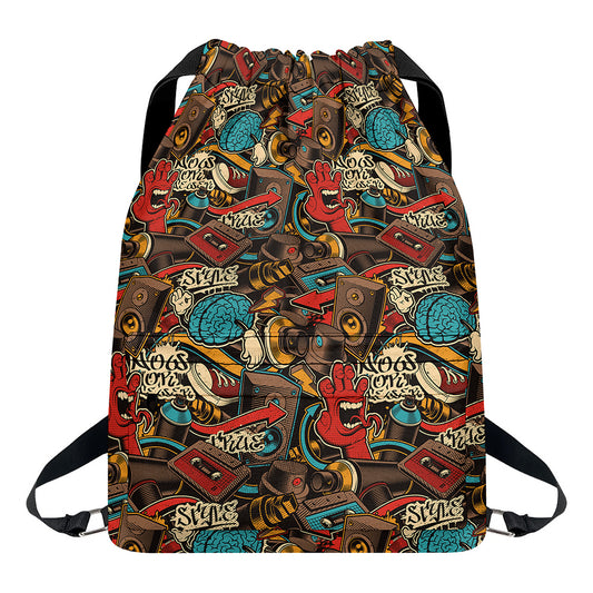 Retro Graffiti Pattern Print Drawstring Backpack
