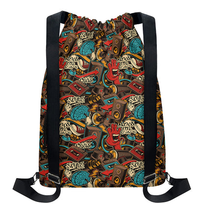 Retro Graffiti Pattern Print Drawstring Backpack