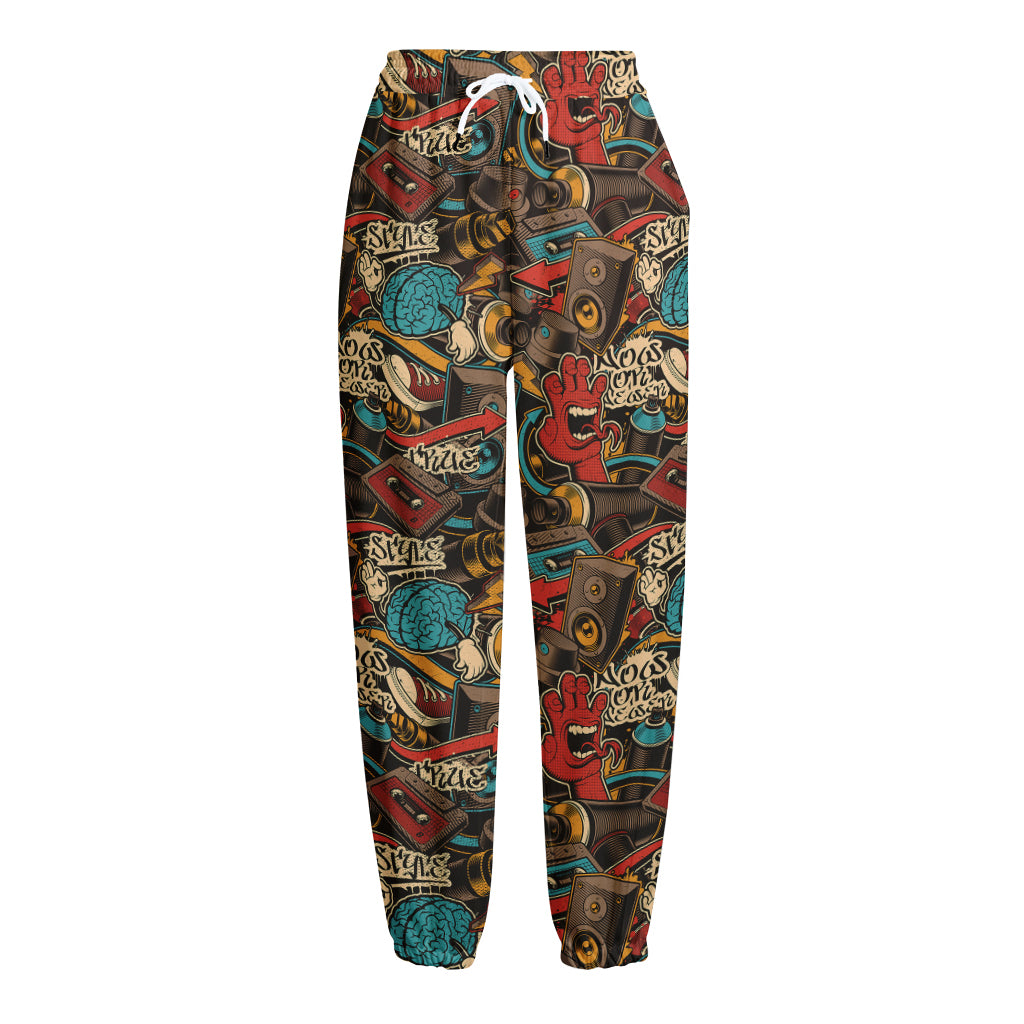 Retro Graffiti Pattern Print Fleece Lined Knit Pants