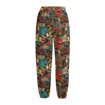 Retro Graffiti Pattern Print Fleece Lined Knit Pants