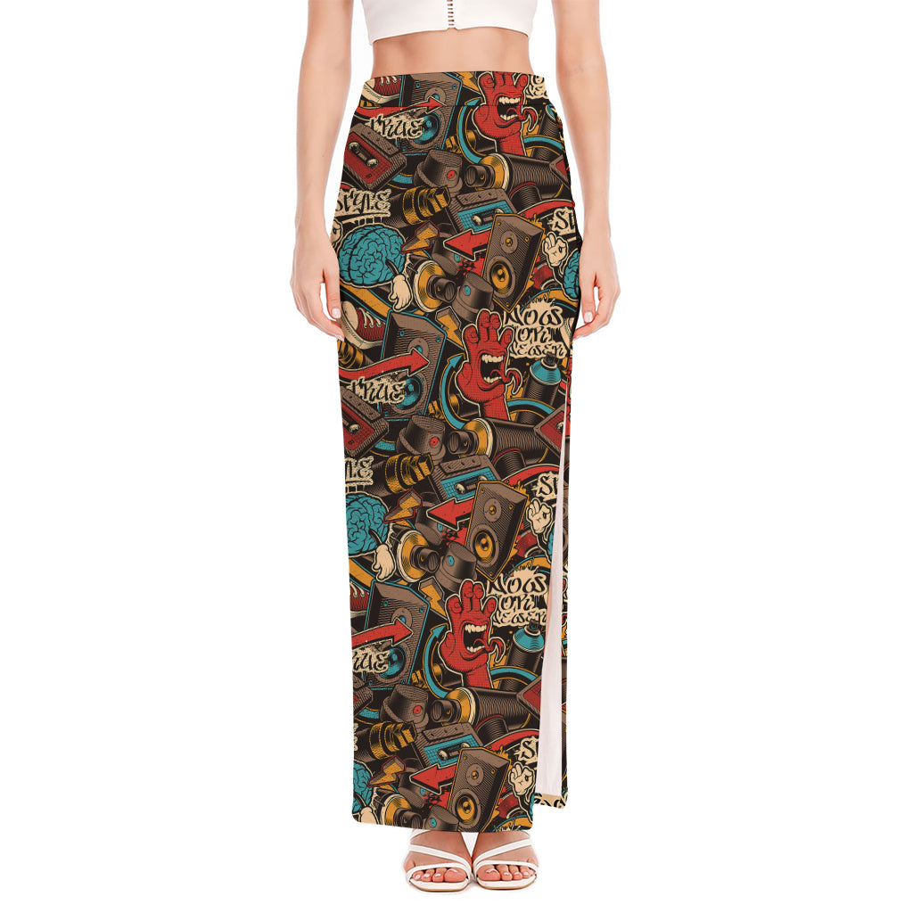 Retro Graffiti Pattern Print High Slit Maxi Skirt