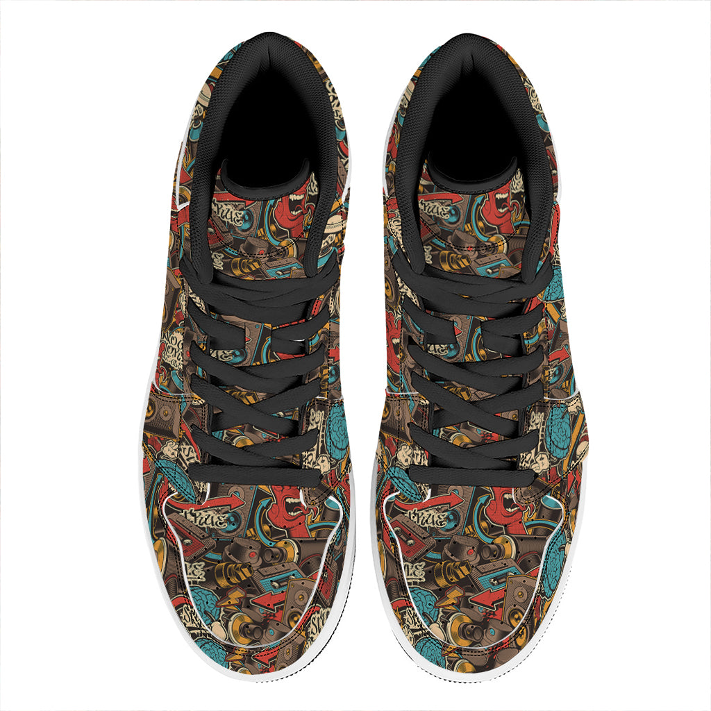 Retro Graffiti Pattern Print High Top Leather Sneakers