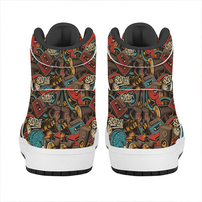 Retro Graffiti Pattern Print High Top Leather Sneakers