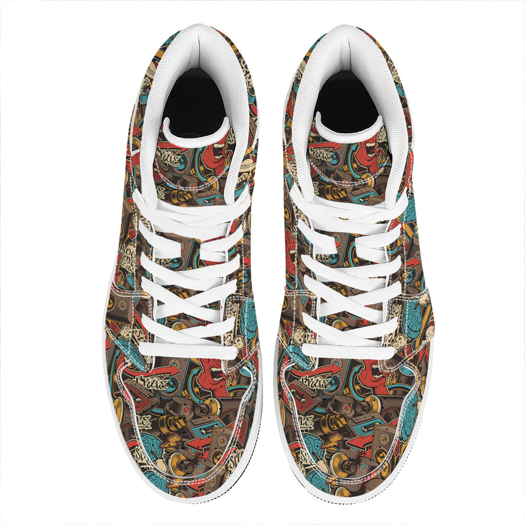Retro Graffiti Pattern Print High Top Leather Sneakers
