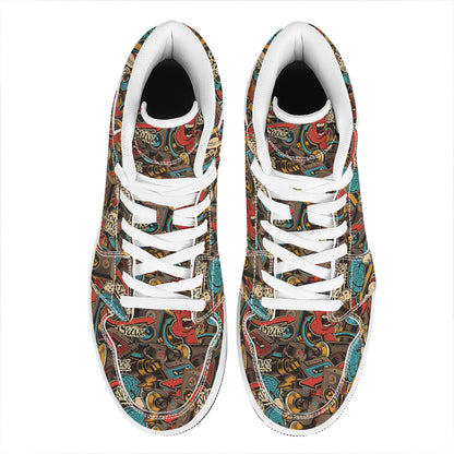 Retro Graffiti Pattern Print High Top Leather Sneakers