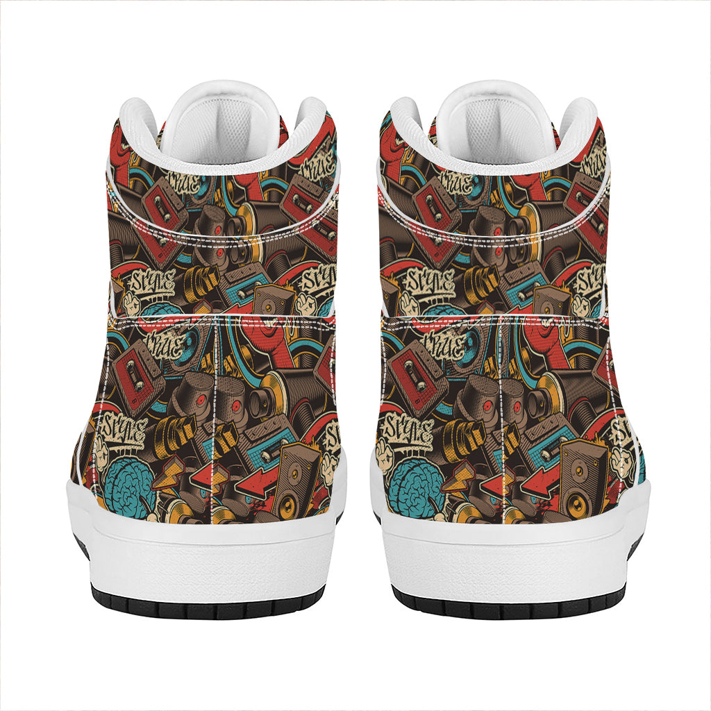 Retro Graffiti Pattern Print High Top Leather Sneakers