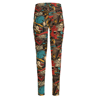 Retro Graffiti Pattern Print High-Waisted Pocket Leggings