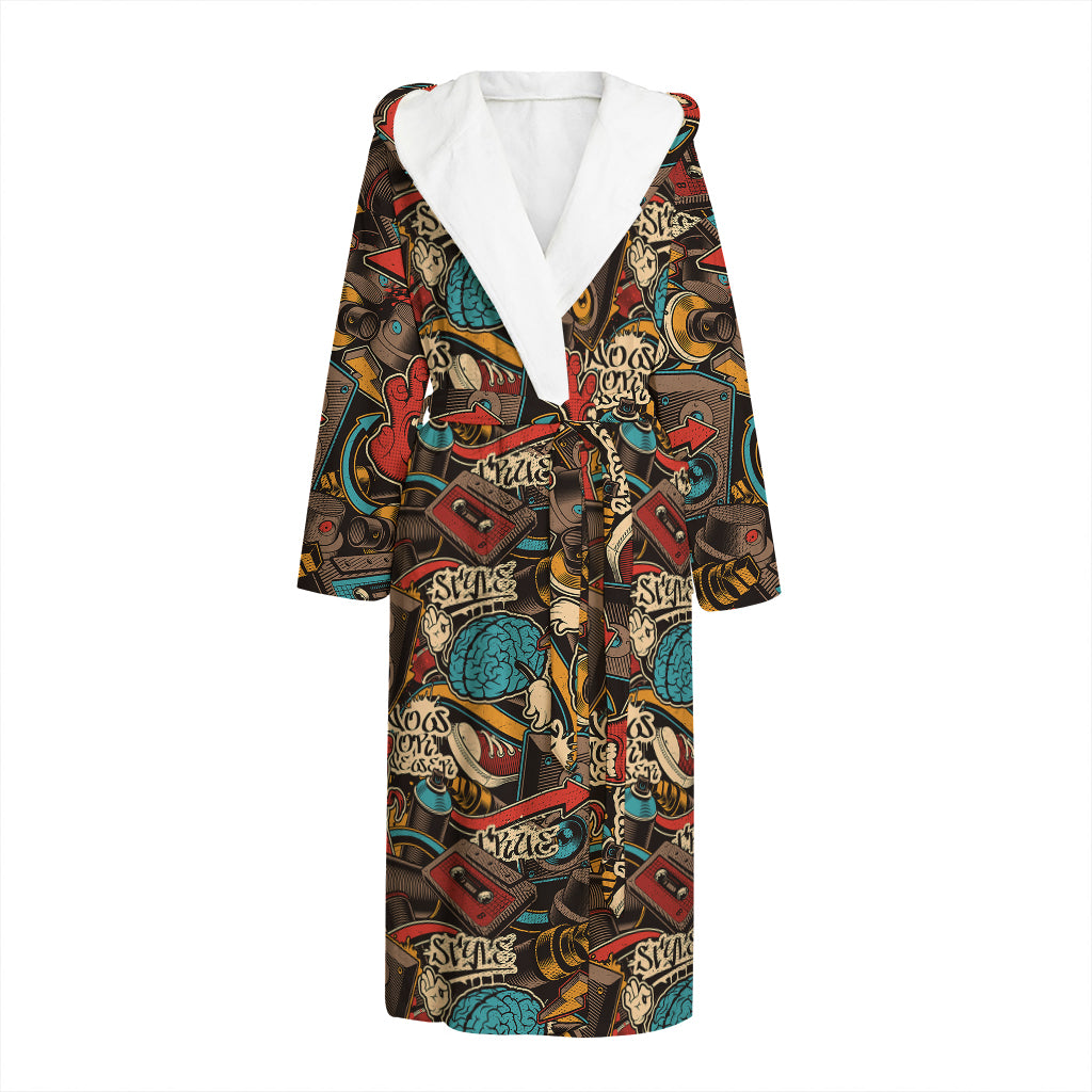 Retro Graffiti Pattern Print Hooded Bathrobe