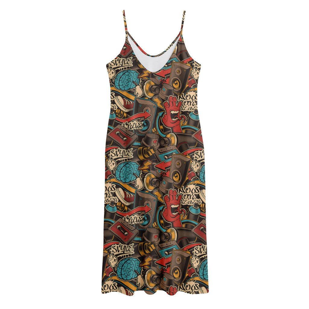 Retro Graffiti Pattern Print Jersey Midi Cami Dress