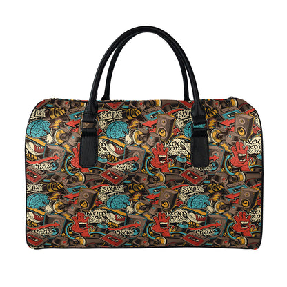 Retro Graffiti Pattern Print Leather Duffle Bag