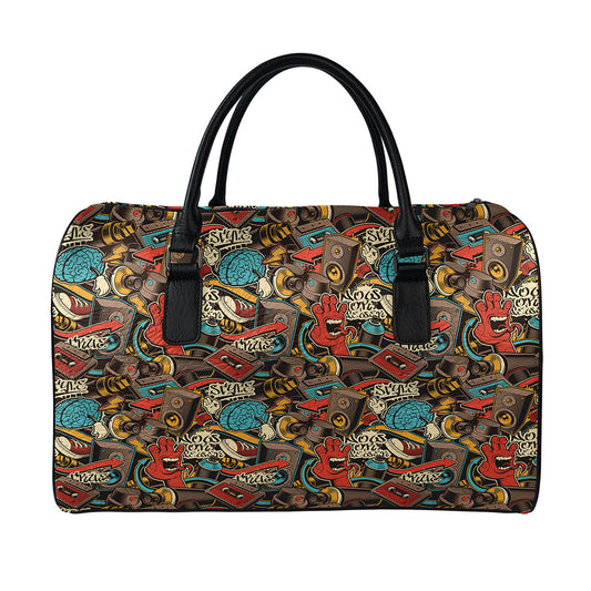 Retro Graffiti Pattern Print Leather Duffle Bag
