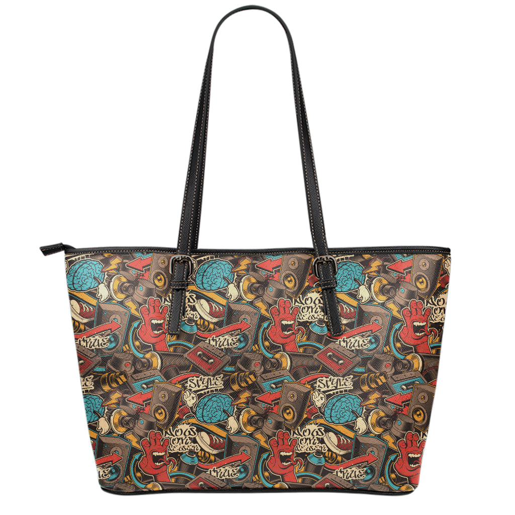 Retro Graffiti Pattern Print Leather Tote Bag