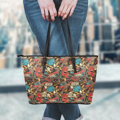 Retro Graffiti Pattern Print Leather Tote Bag