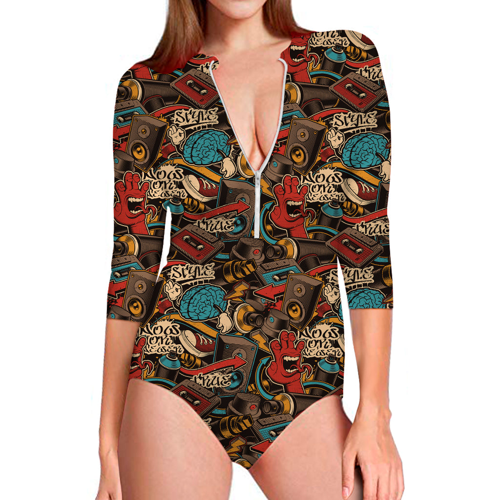 Retro Graffiti Pattern Print Long Sleeve Swimsuit