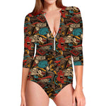 Retro Graffiti Pattern Print Long Sleeve Swimsuit